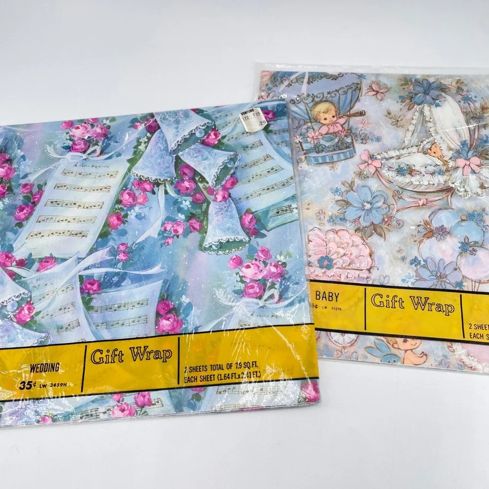Hallmark American Greetings Vintage Gift Wrap Ribbon Lot Pink Floral Bear 1980s